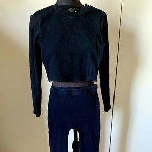 Black Ribbed Cropped Set With Leggings and Biker Shorts